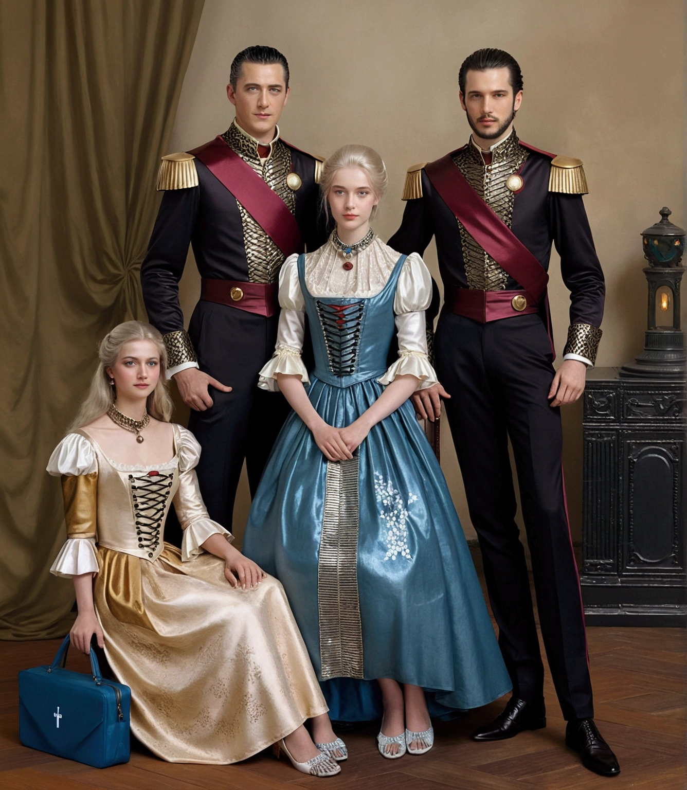 art by Philippe de Champaigne. smart, portrait of 3 brothers. The first older brother., elegant, silver blonde hair, carro elegant, tall and dark eyed. The second brother, elegant, sly smile, silver blonde hair, blue eyes, carro elegant. The third sister, young woman, pale skin girl, freckles on his face, long dark black hair, blue eyes, carro elegant, White dress, sitting between her two brothers.