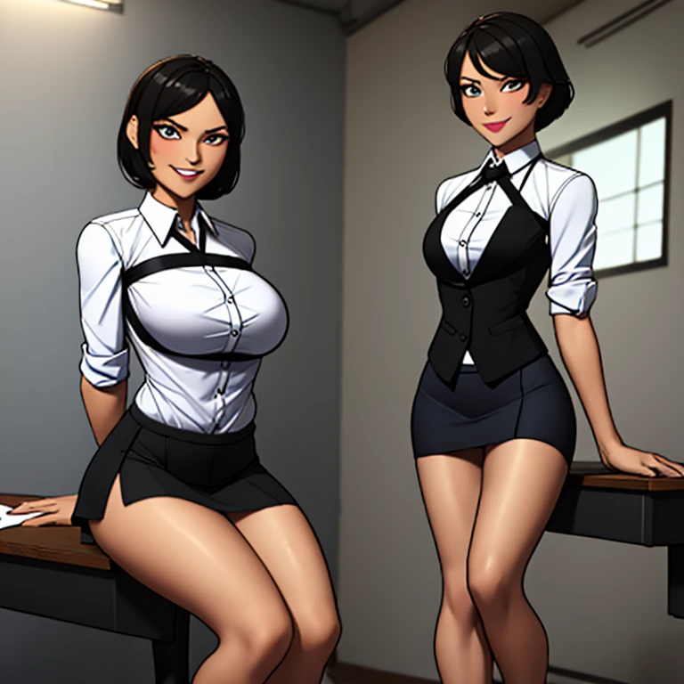 Ultra-detailed,athletic bodies,bob hair,(makeup:1.2), Smile, gazing at viewer, Business attire, Business Suit, Short skirt, white shirt,Office, windows, a desk, computers, barefoot, sit on a chair, focus full body