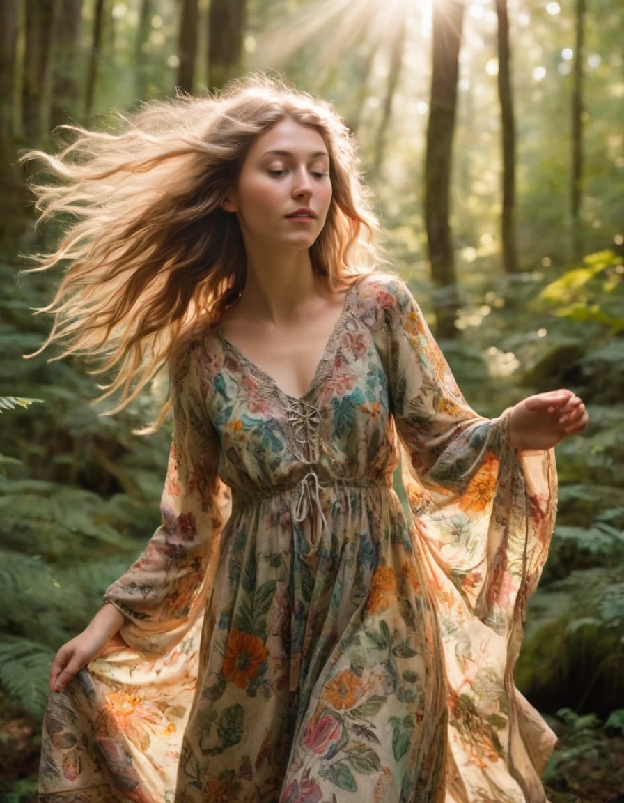 Kamryn Renae, a woman exuding a confident, independent spirit, embarks upon her adventure in a mystical fantasy realm adorned with lush, enchanting forests, donning an ethereal bohemian-inspired ensemble consisting of flowing floral prints and earthy tones. As the sun beams down, she reaches upward towards its rays, evoking feelings of strength and grace; her every move captured from a bird's eye perspective, highlighting the interwoven tapestry between nature and humanity within this fantastical world. 