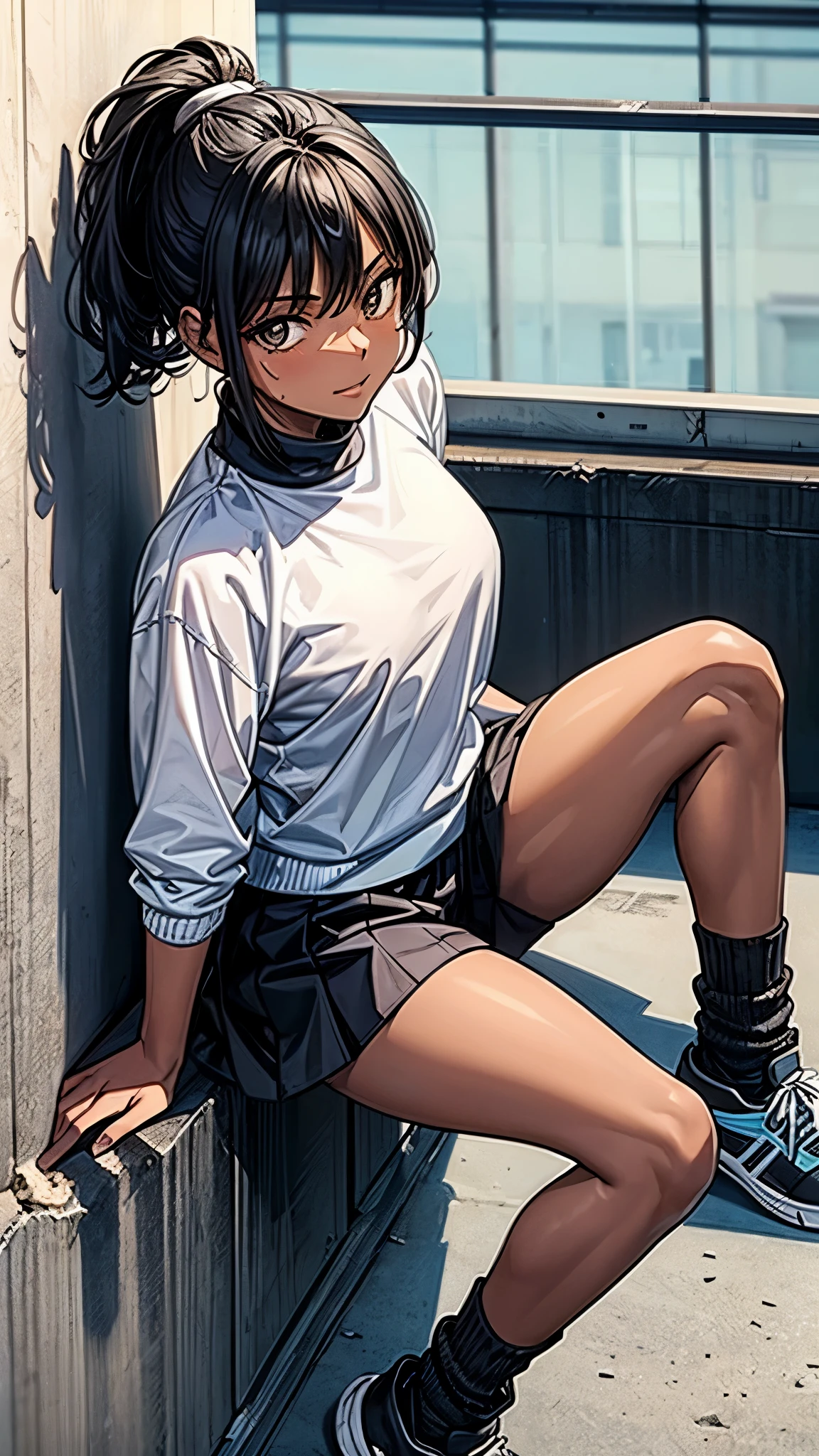 ((From above2.0)),((Face focus2.0)),,Inside the sports gym,inside the dance studio,((sitting,resting her back on the wall,spreading her leg)),One girl,sweat,((dark skin color)),short black hair,seductive smile,high-neck-leotard,((loose socks2.0)),((loose socks2.0)),sneaker.