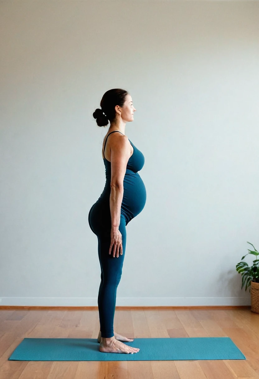 Project Title: Image Series - Steps to Mountain Pose (Tadasana) in Prenatal Yoga
General Description: I need a series of 5 images that explain step by step how to perform the mountain pose (Tadasana) in prenatal yoga. Each image must be clear and precise, showing a pregnant woman at each stage of the process, looking directly into the camera. The style should be relaxing and professional, with soft colors and a minimalist yoga studio background.
Step 1: Starting Position
Visual Cues: Show a pregnant girl standing with her feet together or slightly apart, looking directly at the camera. Make sure her weight is evenly distributed on both feet. Minimalist yoga studio background.
Warning only creates the image of "Step 1: Starting Position"