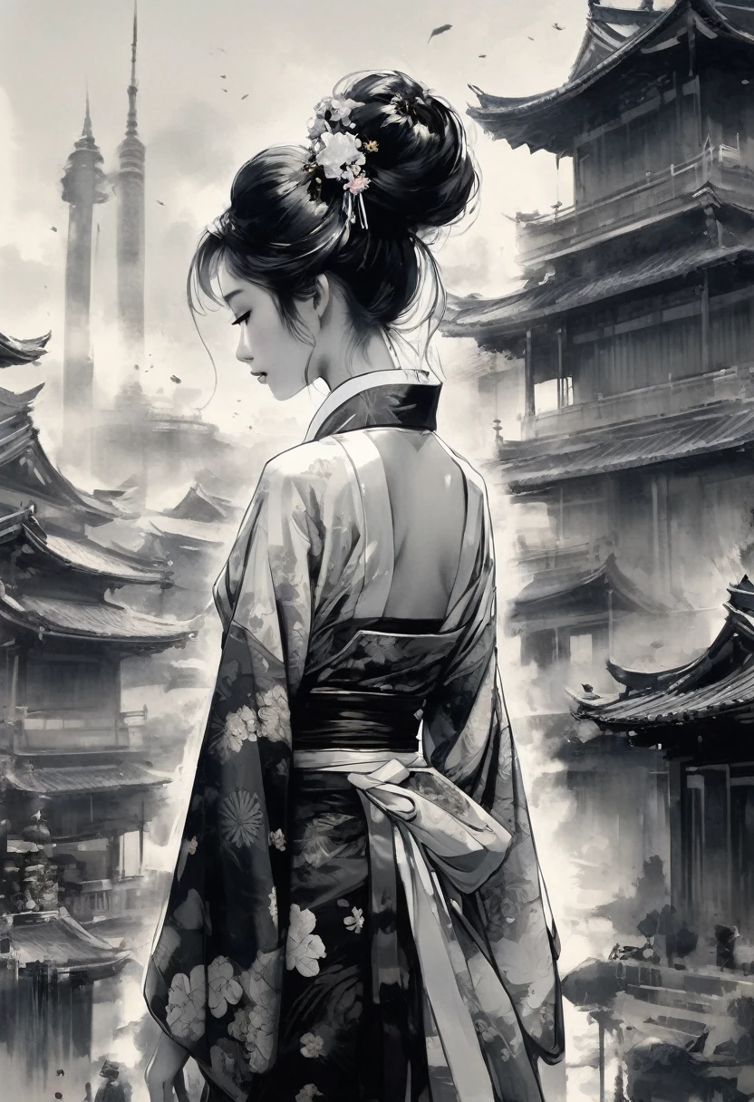 ink,Black and white painting,splash,Upper Body.profile,,A gorgeously made-up courtesan,(Ornately decorated5Put a big hairpin made of a book in your hair),Richly decorated kimono,(A kimono with a wide open collar that reveals the back from the nape of the neck:1.2),Large umbrella,Night scenery with lanterns lined up,