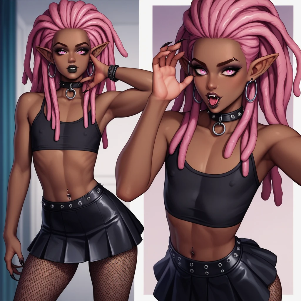 Best quality, highly detailed, ultra detailed, 1 brown skin boy, flat chest, male chest, slim curvy body, long pink dreadlocks, pink dreadlocks, pink eyes, vampire, pointy ears, sharp nails, black lipgloss, goth, black crop top, black mini skirt, fishnets,  big butt, blowing kiss to audience, pink bedroom, close up