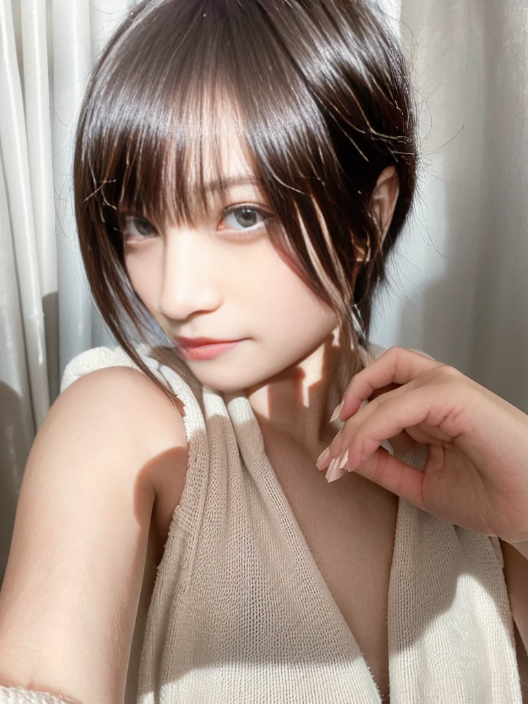 4-0 year old beauty,Perfect Eyes,Short cut with smooth and shiny hair、Her hair is light pink、Realistic 3D images、Very beautiful brown skin,Bust is very very very small、Full body images、The background is the bedroom、High resolution、high resolution、A seductive pose with her hair brushed back、high resolution写真、Her lips are a light orange color with a lust shine.、Hairless genitalssharp images of the lower body、Masterpiece 8K、