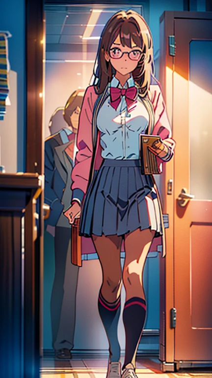 highly detailed, 8K, masterpiece, best quality, pretty ager girl, nerd girl, ((dark skin)), latin girl, megane, glasses, pink eyes, ((brown hair)), mid hair, nerd sweather, coat, coat sweather, jeans, holding a book, thin, ((full body scene)), ((full body)), ((full body angle)), pretty girl, (medium-breasts:1.5), ((mid chest)), standing, highschool scenario, highschool background, school scenario, school background, (Ultra High Resolution: 1.2), (RAW Photo: 1.2)