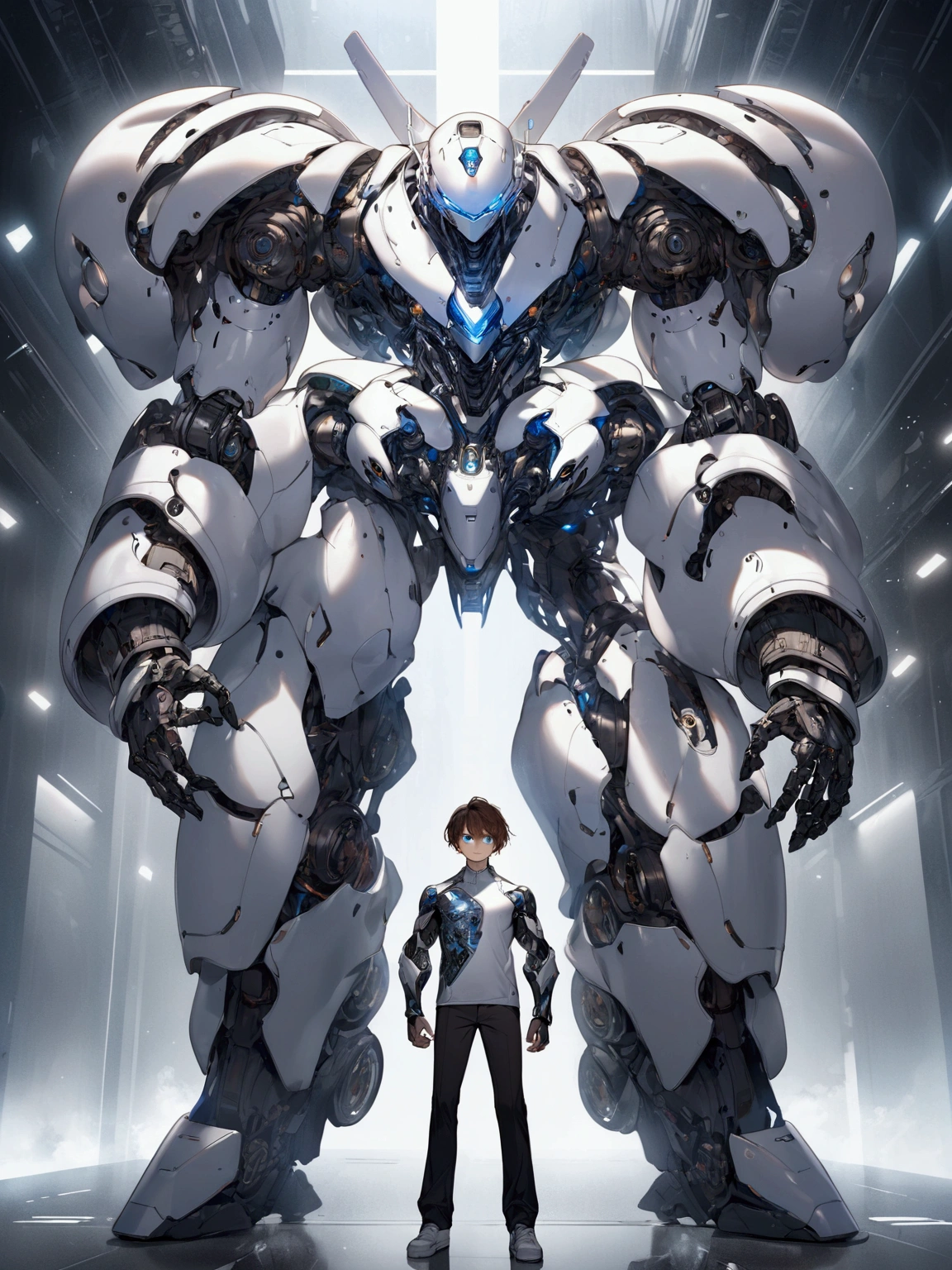 ((masterpiece)), ((best quality)), (from front, facing front), (cyber, war robot, massive), (full-body shot), 1man, adult man, solo, black skin, human head, long brown hair, blue eyes, solid white robot armor, white metal body, smiling, hyper-detailed, futuristic, mechanical, striking, powerful, awe-inspiring, moody, atmospheric
