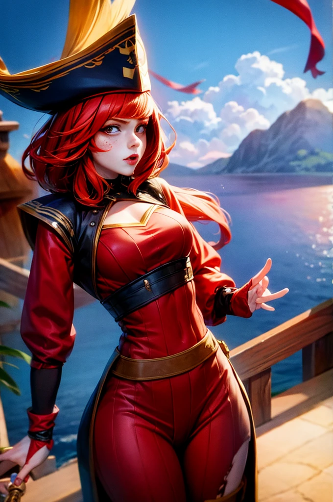 Ginger woman,1girll,freckles,28 year old,Red hair,double tails, Practical pirate clothing, (Long-sleeved pirate top), Skirt,Torn pirate hat, view the viewer, fantasy,Cinematic lighting,Masterpiece,