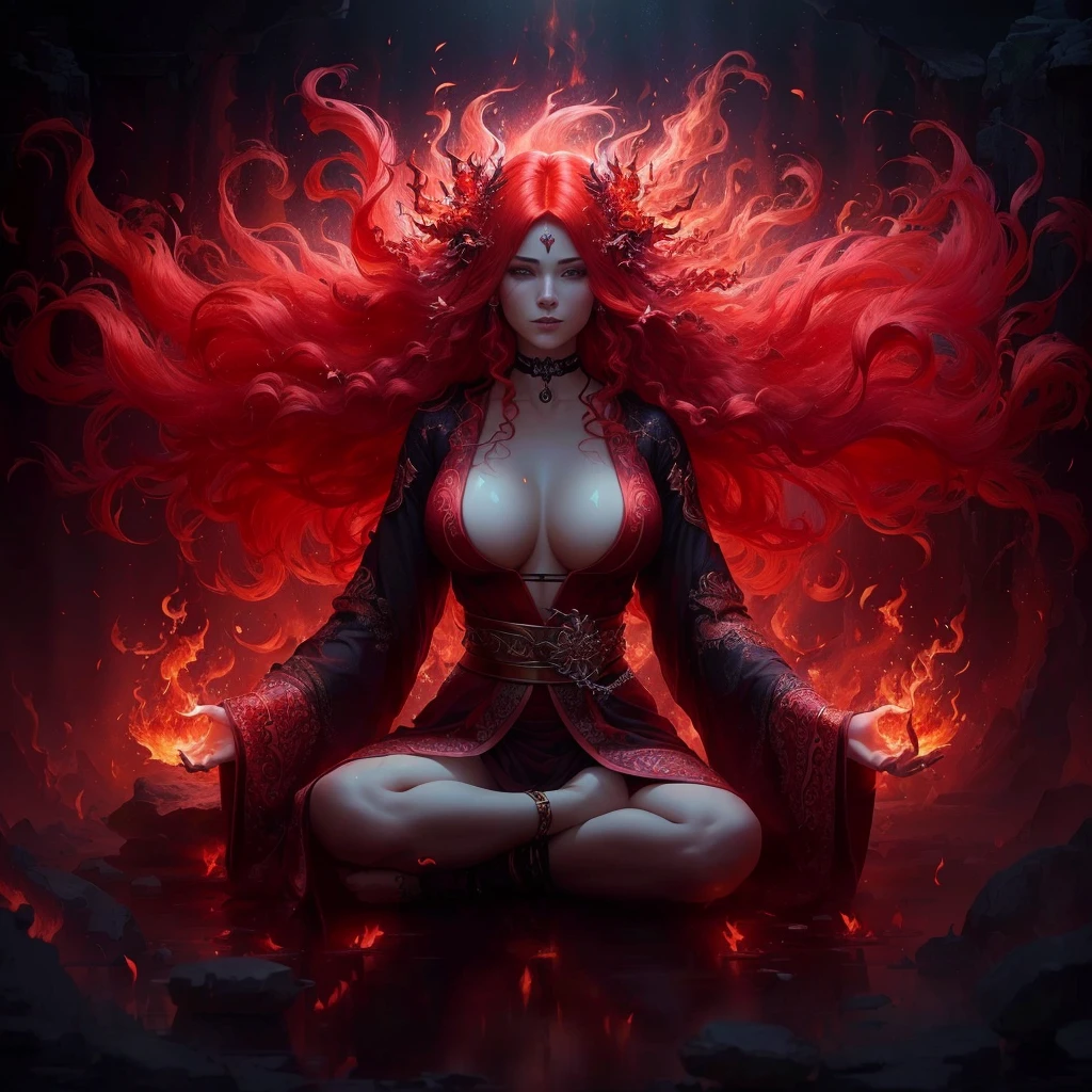 arafed woman with red hair sitting in a lotus position, red haired goddess, goddess of fire, red aura, goddess of anger, goddess of the underworld, appears as the fire goddess, fire goddess, holy flame spell, emitting evil red aura, 4k fantasy art, a beautiful sorceress, sorceress, beautiful sorceress, red glowing hair, large breasts, choker, abs