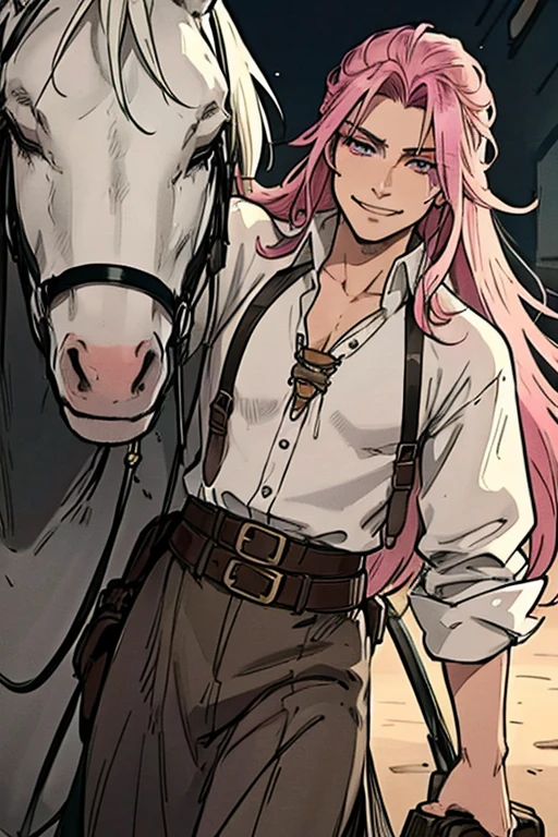 Perfect face. Perfect hands. A handsome pink haired cowboy with violet eyes and long hair in a sheriff's outfit is riding a horse through a wild west town with a big smile
