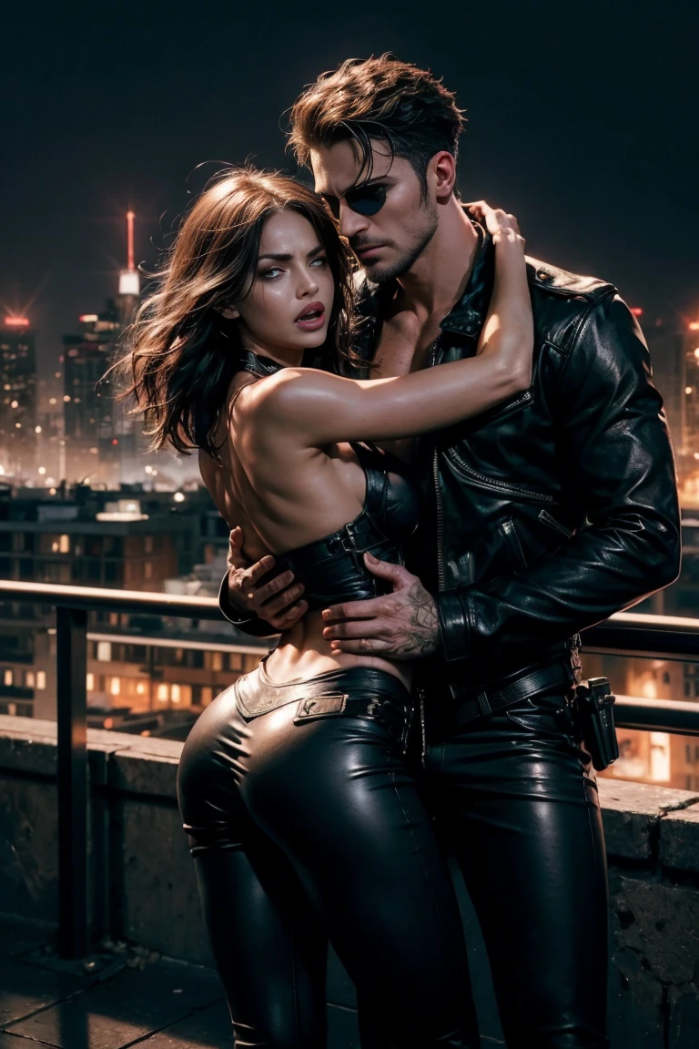 A dramatic image of a couple. beautiful woman standing on a rooftop hands tied above her head, held by soldier embraces her from behind, holds her breasts. Her face grimace, looking back at her attacker, expression of shock, her mouth open screaming n pain and eyes flagging in anger. she is topless, unzipped black leather pants, pistol holsters strapped to her thighs, red panties exposed, overlooking the city skyline at night,  Soldier look is menacing, growling, looking at her with teeth bared, dishevelled, stubble, eye patch, rifle sling on his backThe city lights are reflected in her eyes, overall tone is dark, touch of blue, dramatic and suggests suspense, romance, and intrigue, cinematic, photorealistic, 8K,