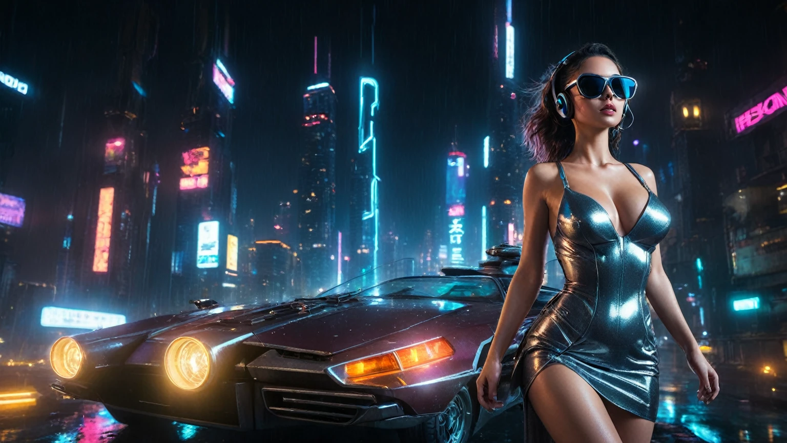 (aerial view, a flying cars docking platform, a very dark abandoned futuristic city, neon lights), rainy night. 1girl, solo, alone, large-breast:1.2 slim body, cleavage:1.1, sexy wind blowing wet dress:1.4, (headphone, black sunglasses), (((she raised:1.8 a pistol:1.8 and took aim))), dynamic pose, (((half-body thigh level medium shot))), cinematic lighting, lens flare, ray tracing.