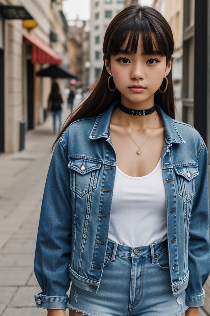 Image, de chica of 14 años, of 1.56cm tall,  brown chinese hair, with a white top, a black choker, a denim jacket, a denim short, Earphones, and serious but charming look 