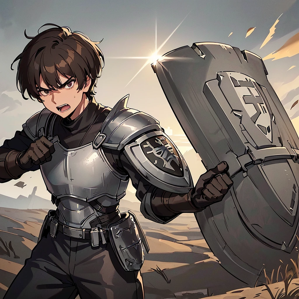 ((((Solo))))、((((Hold your shield))))、Best illustrations、Best Quality、(((Simple grey armor、Black trousers、Black gloves、Short Hair、Brown Hair、20 year old man)))、(Old ruins、desert。Grass)、(Black, muddy swamp)、(get annoyed、Open your mouth、Get angry)、battlefield、(White background)、front
