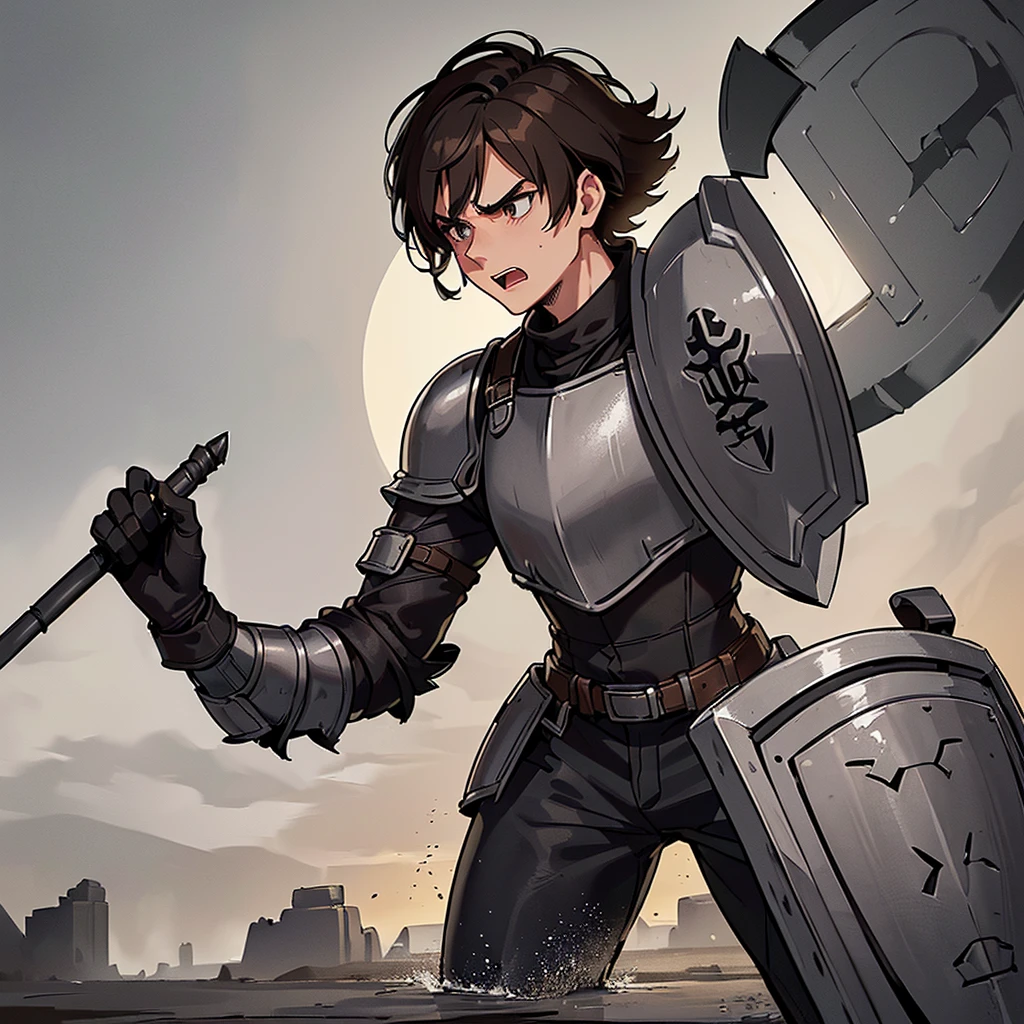 ((((Solo))))、((((Hold your shield))))、Best illustrations、Best Quality、(((Simple grey armor、Black trousers、Black gloves、Short Hair、Brown Hair、20 year old man)))、(Old ruins、desert。Grass)、(Black, muddy swamp)、(get annoyed、Open your mouth、Get angry)、battlefield、(White background)、front