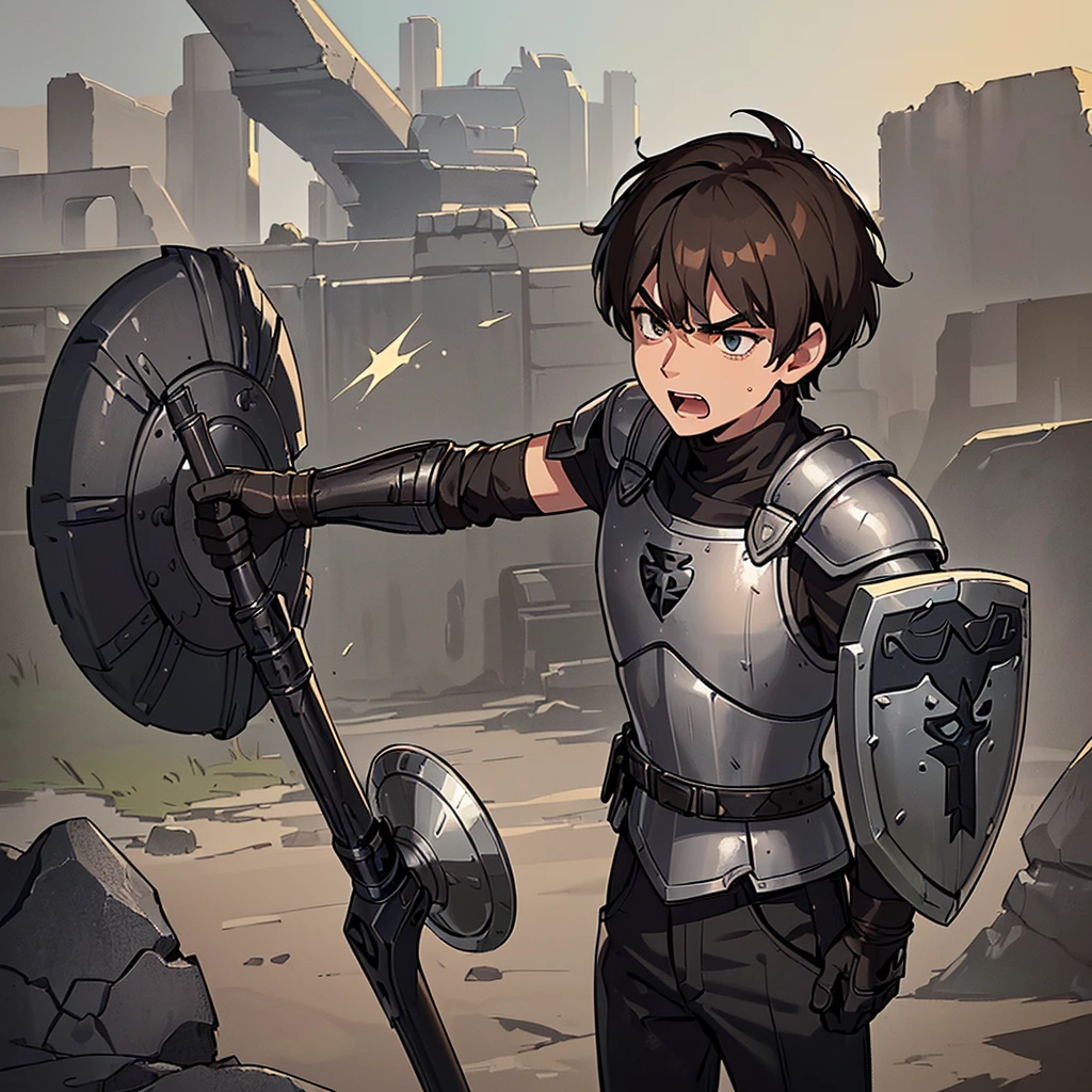 ((((Solo))))、((((Hold your shield))))、Best illustrations、Best Quality、(((Simple grey armor、Black trousers、Black gloves、Short Hair、Brown Hair、20 year old man)))、(Old ruins、desert。Grass)、(Black, muddy swamp)、(get annoyed、Open your mouth、Get angry)、battlefield、(White background)、front