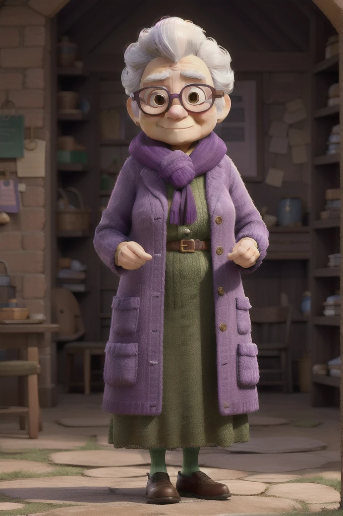 work of art, best qualityer, An old woman with glasses and a scarf, wearing a purple coat and green scarf, stopped not park