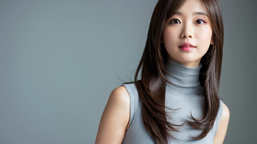(Detailed face),vivid,chest,cute,Sleeveless and(turtleneck)White silky clothes,4K,Ultra-high resolution,(Photorealistic:1.7),Gray background,Long Hair,