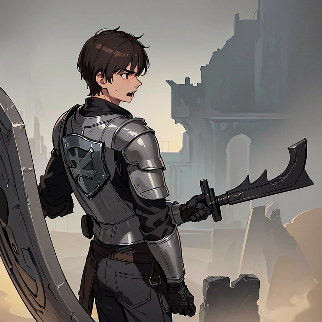 ((((Solo))))、((((Hold your shield))))、Best illustrations、Best Quality、(((Simple grey armor、Black trousers、Black gloves、Short Hair、Brown Hair、20 year old man)))、(Old ruins、desert。Grass)、(Black, muddy swamp)、(get annoyed、Open your mouth、Get angry)、battlefield、(White background)、(From the back、back view)