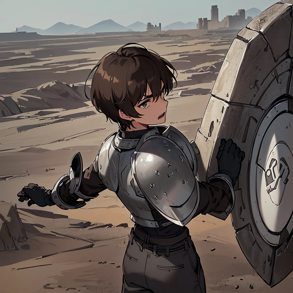 ((((Solo))))、((((Hold your shield))))、Best illustrations、Best Quality、(((Simple grey armor、Black trousers、Black gloves、Short Hair、Brown Hair、20 year old man)))、(Old ruins、desert。Grass)、(Black, muddy swamp)、(get annoyed、Open your mouth、Get angry)、battlefield、(White background)、(From the back、back view)