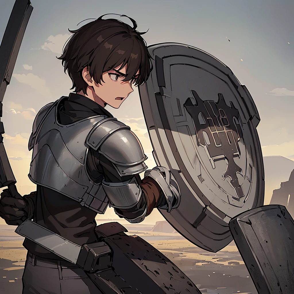 ((((Solo))))、((((Hold your shield))))、Best illustrations、Best Quality、(((Simple grey armor、Black trousers、Black gloves、Short Hair、Brown Hair、20 year old man)))、(Old ruins、desert。Grass)、(Black, muddy swamp)、(get annoyed、Open your mouth、Get angry)、battlefield、(White background)、(From the back、back view)