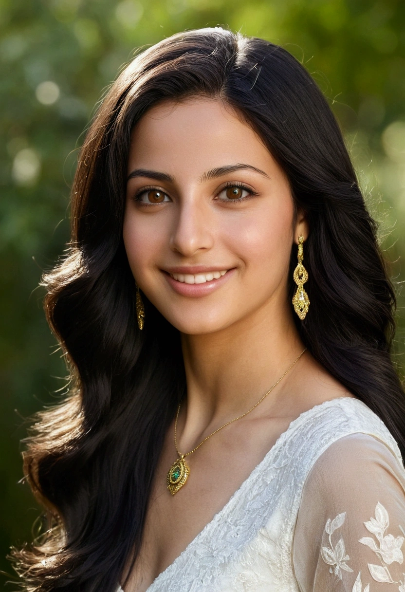 Arabic appearance A slim, medium-height young woman with long black hair that cascades in soft waves over her shoulders. She has deep brown eyes that shine with sincerity and wisdom. Her skin is olive-toned with a slight golden hue. Her facial features are delicate, with a soft oval shape and a neat nose. She always has a radiant smile that adds to her charm.very realistic photo, clearly selected details