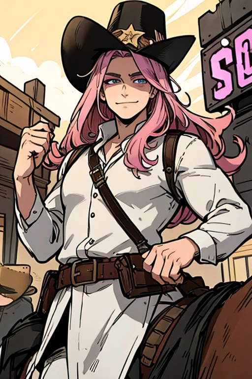Perfect face. Perfect hands. A handsome pink haired cowboy with violet eyes and long hair in a sheriff's outfit is riding a horse through a wild west town with a big smile