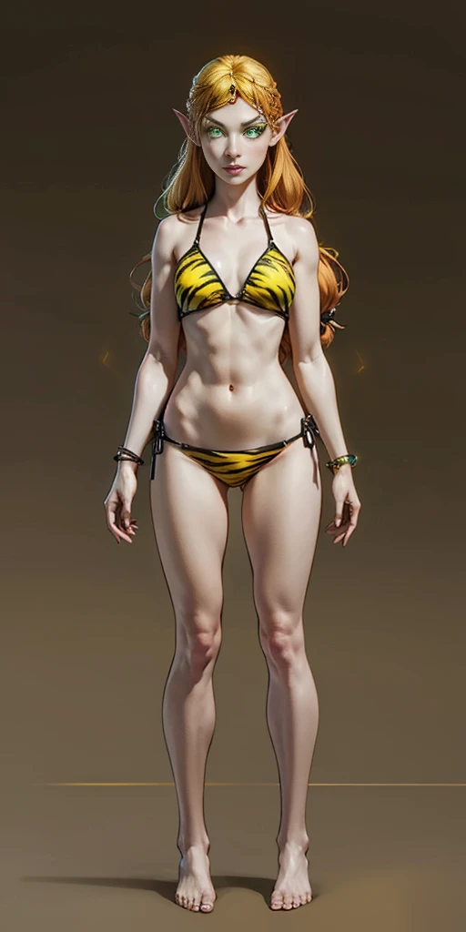 tsundere elf full body toe to head, long hair, blonde hair (green eyes:1.1) pointy ears, elf, multicolored hair, forehead jewel, yellow tiger bikini, standing symmetrical, plain background