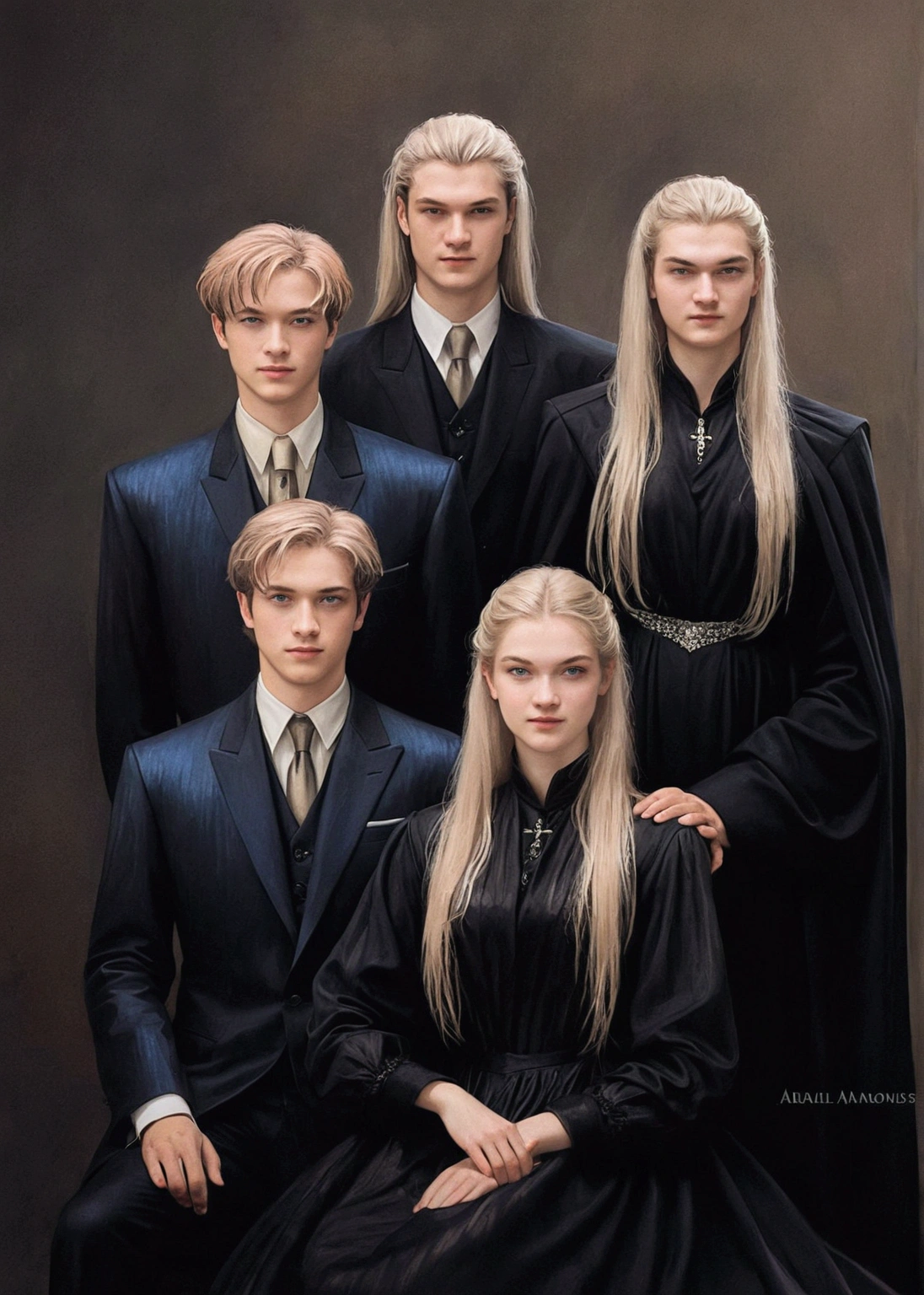art by Philippe de Champaigne. smart, portrait of 3 brothers. The first older brother., elegant, silver blonde hair, carro elegant, tall and dark eyed. The second brother, elegant, sly smile, silver blonde hair, blue eyes, carro elegant. The third sister, young woman, pale skin girl, freckles on his face, long dark black hair, blue eyes, carro elegant, White dress, sitting between her two brothers.