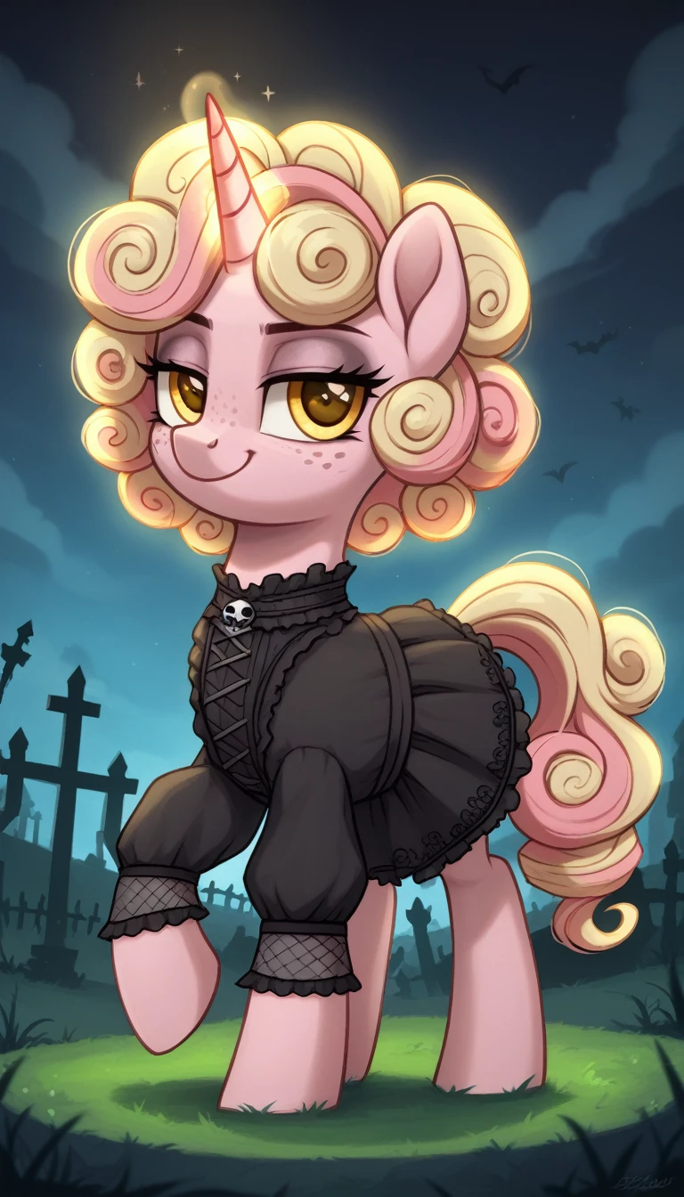 score_9,score_8_up,score_7_up,score_6_up, filly female, unicorn, pastel pink fur, curly blonde hair, pastel blue dye streaks, freckles, Golden eyes, Gothic pony, lolita fashion, glowing backlight, fashion show, graveyard scene, glitter, whimsical, enchanted, magical, fantasy art concept, intricate details, smug smile, glowing horn, 