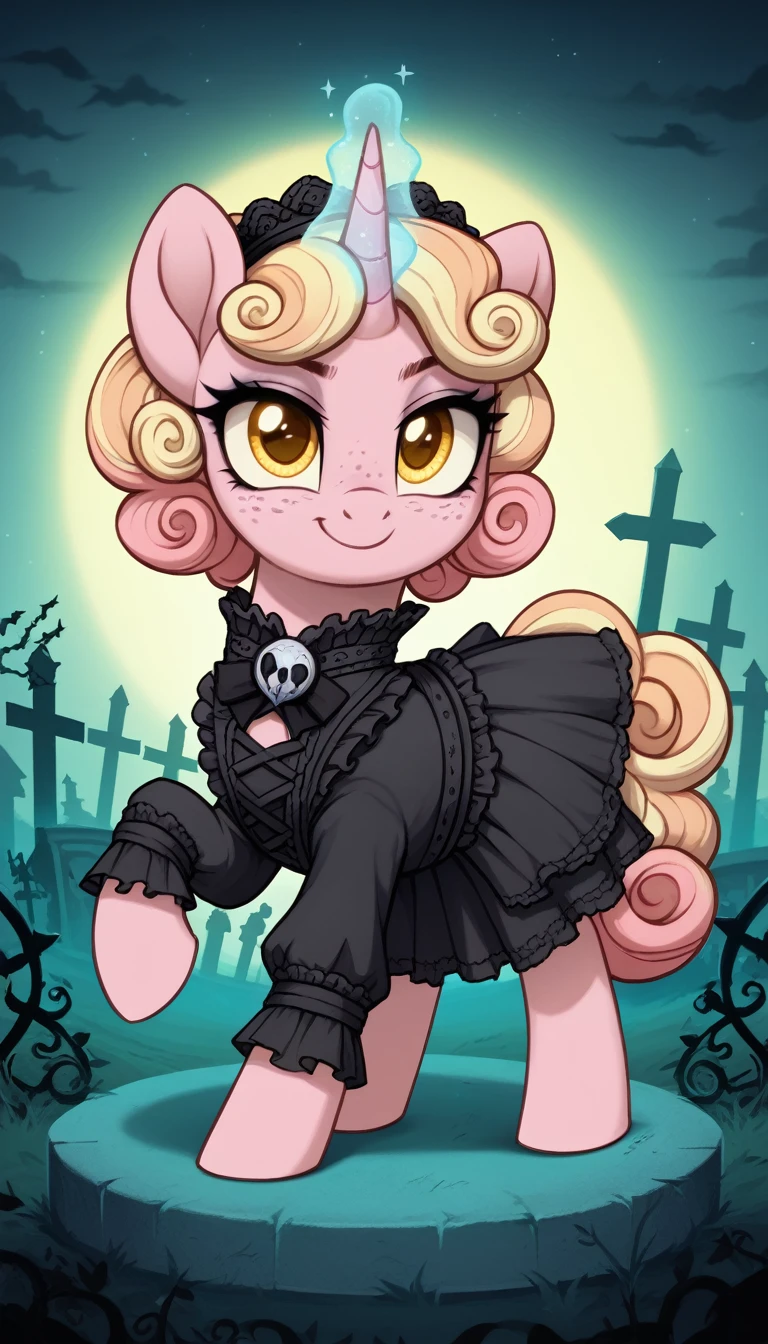 score_9,score_8_up,score_7_up,score_6_up, filly female, unicorn, pastel pink fur, curly blonde hair, pastel blue dye streaks, freckles, Golden eyes, Gothic pony, lolita fashion, glowing backlight, fashion show, graveyard scene, glitter, whimsical, enchanted, magical, fantasy art concept, intricate details, smug smile, glowing horn, 