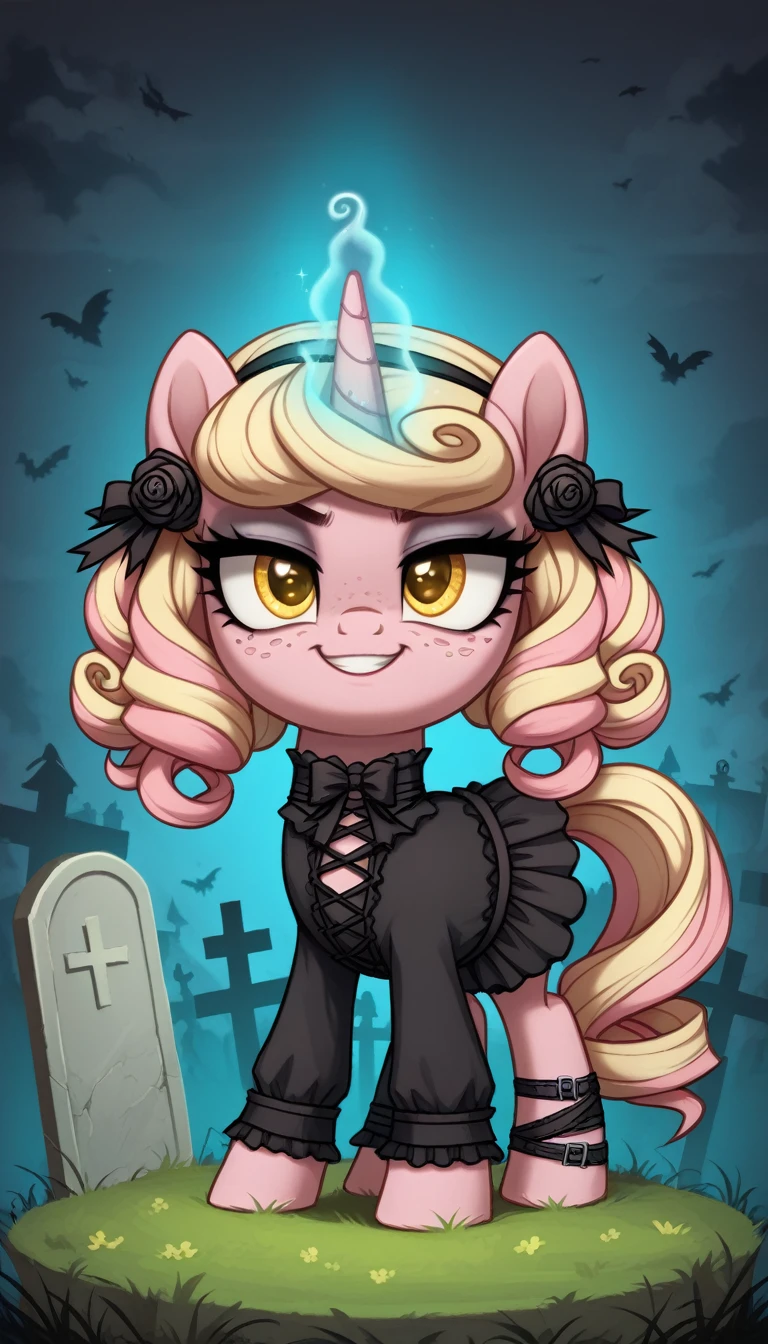 score_9,score_8_up,score_7_up,score_6_up, filly female, unicorn, pastel pink fur, curly blonde hair, pastel blue dye streaks, freckles, Golden eyes, Gothic pony, lolita fashion, glowing backlight, fashion show, graveyard scene, glitter, whimsical, enchanted, magical, fantasy art concept, intricate details, smug smile, glowing horn,