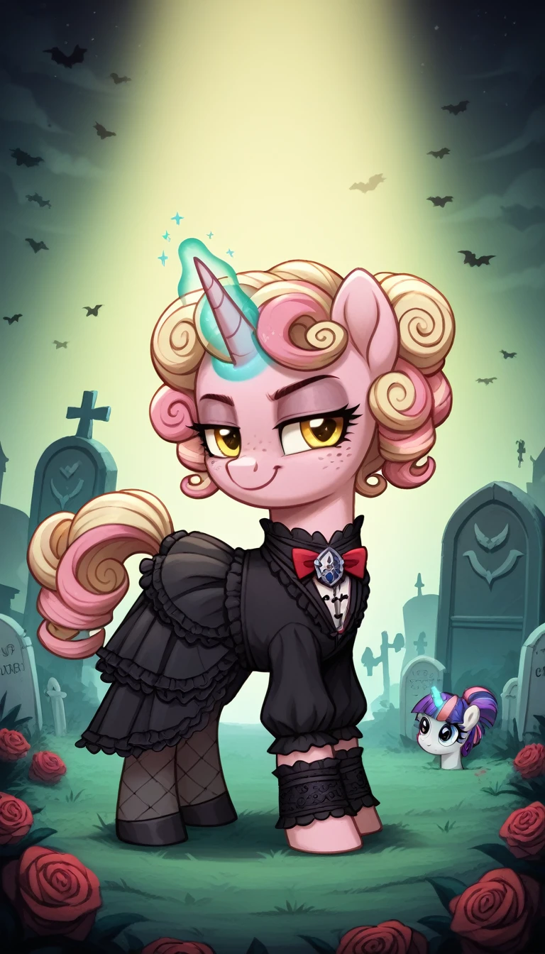score_9,score_8_up,score_7_up,score_6_up, filly female, unicorn, pastel pink fur, curly blonde hair, pastel blue dye streaks, freckles, Golden eyes, Gothic pony, lolita fashion, glowing backlight, fashion show, graveyard scene, glitter, whimsical, enchanted, magical, fantasy art concept, intricate details, smug smile, glowing horn, 