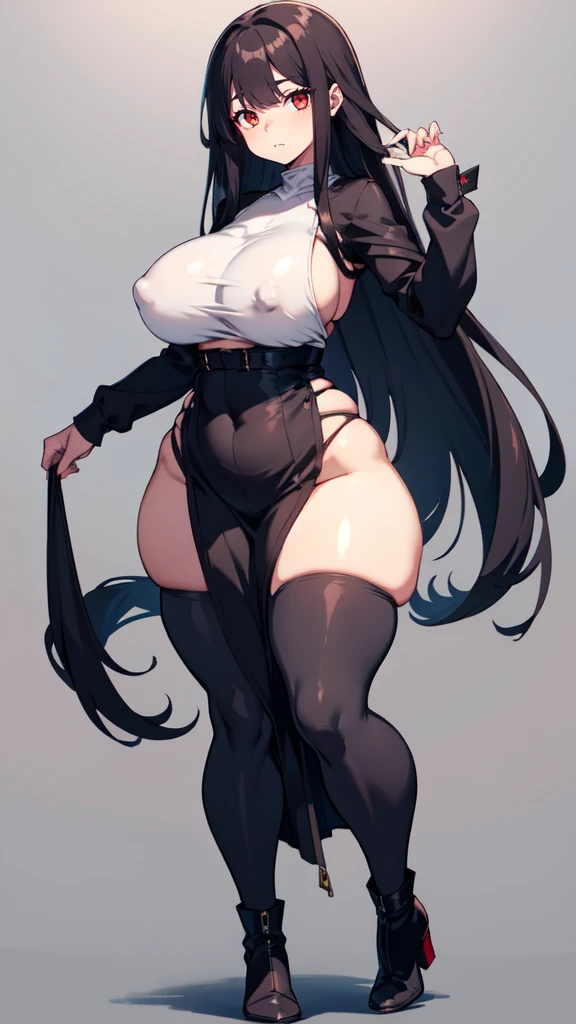 (masterpiece), best quality, expressive eyes, perfect face, vampire girl, huge girl, female muscular:1.2, big breast:1, (underboob), (curvy:1.7) , (straight hair:1.8), ((blank background)), ((full body)), wide hips:1.7, thick thighs:1.3, (long legs:1.4), amazon body, toeless boots, ((pale skin)) , red eyes, black hair, (long fangs) , long gray dress, long sleeves, loose sleeves, covered nipples