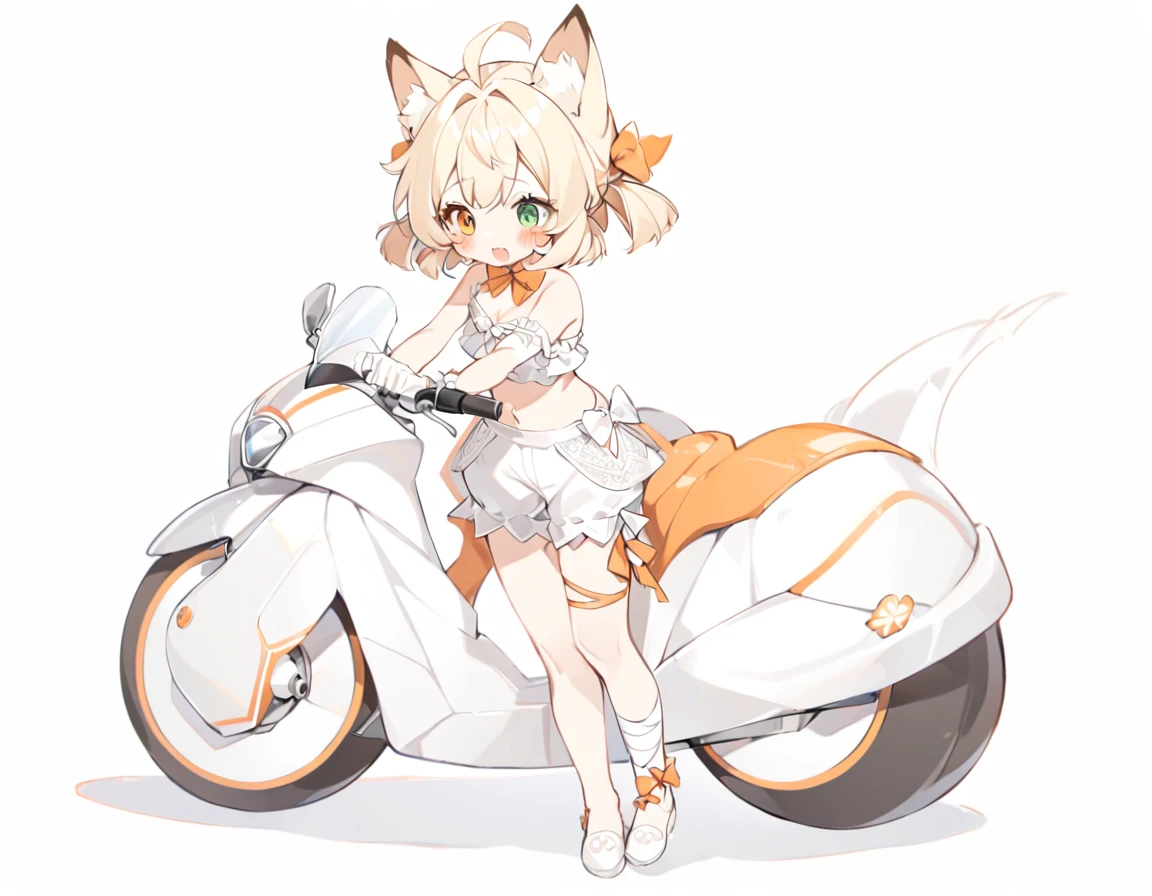The fox girl,1girl,short hair, The hairstyle is like Klee's,animal ears, bangs, bare shoulders, blonde hair, blush, bow, breasts, white cleavage, cropped torso, , green eyes, hair ribbon, heterochromia, , , , orange bow, orange eyes, orange ribbon, ribbon, solo, stuffed animal, , , twintails, upper body, full-length, white legbands, white shoes with lace and white bows, white background, wrist cuffs, yellow eyes, bloomers, close-up, fair skin frills, lace, midriff, skirt, solo, , white background,shorts, white top with ribbon and lace and trousers,trousers, genshin,white slippers with a bow,All clothes are white, laceAt full height, it stands,bandaged hands, short hair , ankle lace-up, ankle ribbon, bow, leg ribbon, lineart, , shoes, , standing, , white bow, white footwear,on a white motorcycle, holding the steering wheel, a slightly indignant expression on his face, looking the other way,riding a motorcycle