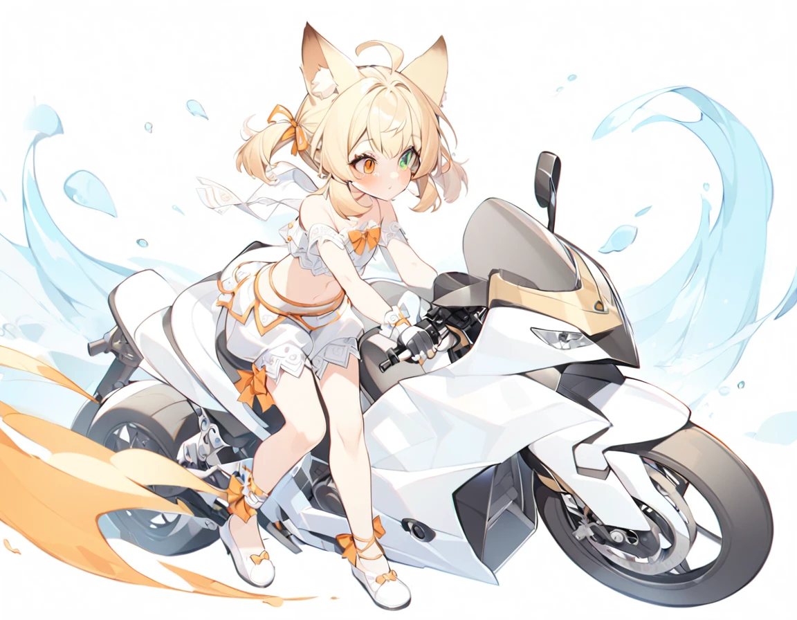 The fox girl,1girl,short hair, The hairstyle is like Klee's,animal ears, bangs, bare shoulders, blonde hair, blush, bow, breasts, white cleavage, cropped torso, , green eyes, hair ribbon, heterochromia, , , , orange bow, orange eyes, orange ribbon, ribbon, solo, stuffed animal, , , twintails, upper body, full-length, white legbands, white shoes with lace and white bows, white background, wrist cuffs, yellow eyes, bloomers, close-up, fair skin frills, lace, midriff, skirt, solo, , white background,shorts, white top with ribbon and lace and trousers,trousers, genshin,white slippers with a bow,All clothes are white, laceAt full height, it stands,bandaged hands, short hair , ankle lace-up, ankle ribbon, bow, leg ribbon, lineart, , shoes, , standing, , white bow, white footwear,on a white motorcycle, holding the steering wheel, a slightly indignant expression on his face, looking the other way,riding a motorcycle