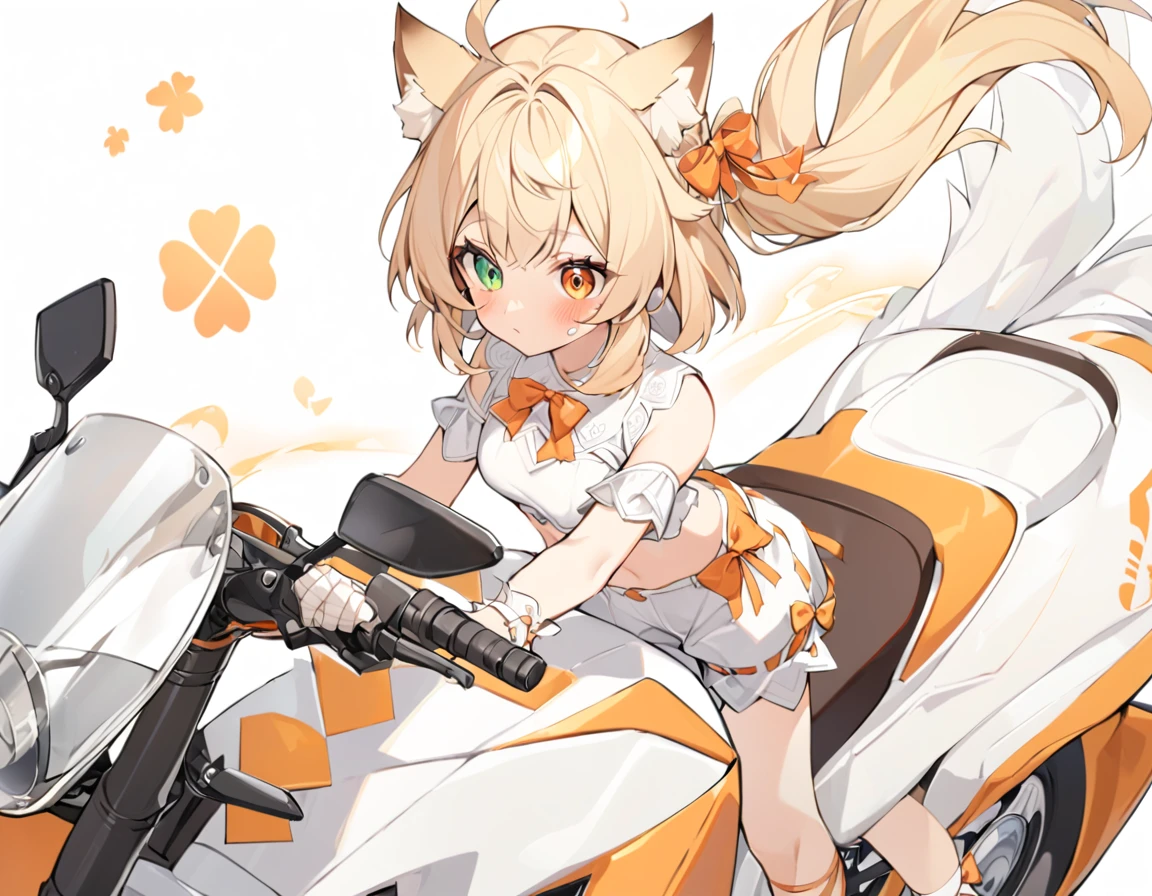 The fox girl,1girl,short hair, The hairstyle is like Klee's,animal ears, bangs, bare shoulders, blonde hair, blush, bow, breasts, white cleavage, cropped torso, , green eyes, hair ribbon, heterochromia, , , , orange bow, orange eyes, orange ribbon, ribbon, solo, stuffed animal, , , twintails, upper body, full-length, white legbands, white shoes with lace and white bows, white background, wrist cuffs, yellow eyes, bloomers, close-up, fair skin frills, lace, midriff, skirt, solo, , white background,shorts, white top with ribbon and lace and trousers,trousers, genshin,white slippers with a bow,All clothes are white, laceAt full height, it stands,bandaged hands, short hair , ankle lace-up, ankle ribbon, bow, leg ribbon, lineart, , shoes, , standing, , white bow, white footwear,on a white motorcycle, holding the steering wheel, a slightly indignant expression on his face, looking the other way,riding a motorcycle