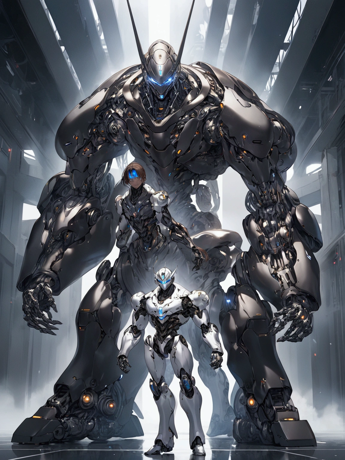((masterpiece)), ((best quality)), (from front, facing front), (cyber, war robot, massive), (full-body shot), 1man, adult man, solo, black skin, human head, long brown hair, blue eyes, solid white robot armor, white metal body, smiling, hyper-detailed, futuristic, mechanical, striking, powerful, awe-inspiring, moody, atmospheric