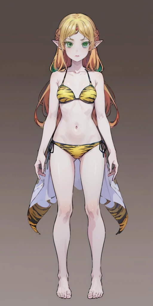 tsundere elf full body toe to head, long hair, blonde hair (green eyes:1.1) pointy ears, elf, multicolored hair, forehead jewel, yellow tiger bikini, standing symmetrical, plain background