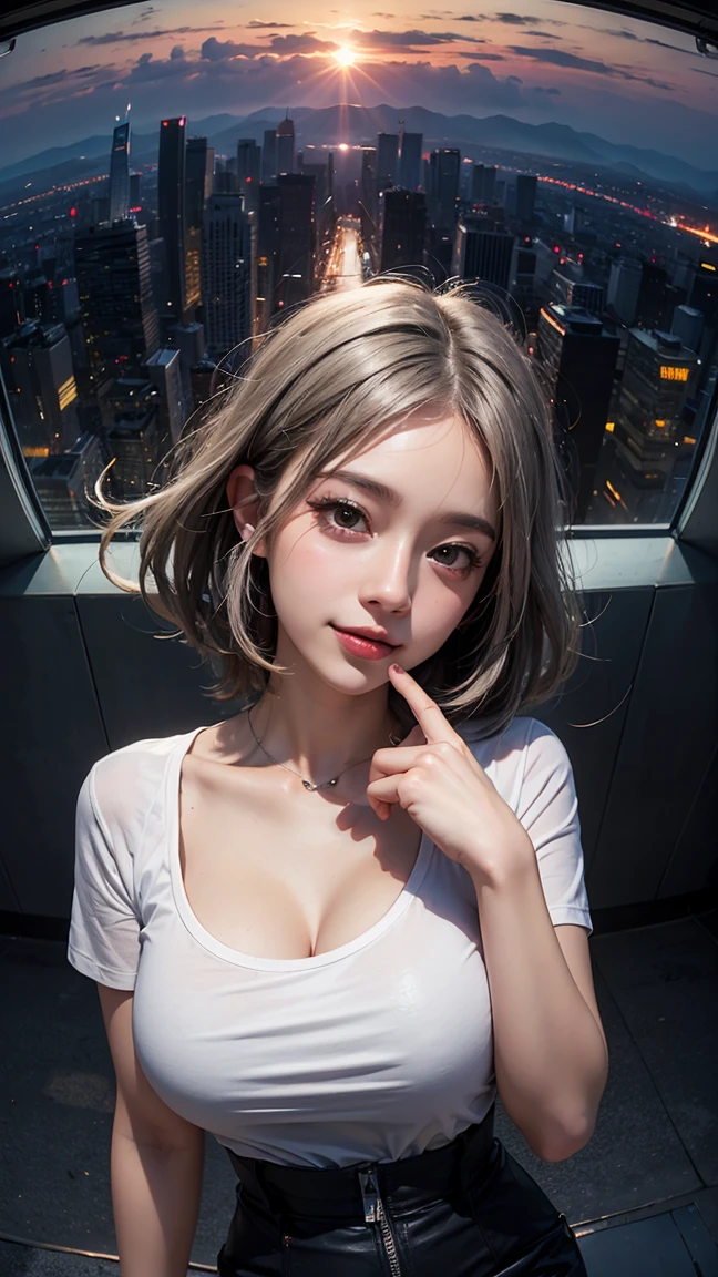 xxmixgirl,One Girl, Fisheye Lens, Selfie, Wind, Messy Hair, sunset, Cityscape, (Aesthetics and atmosphere:1.2), Gray Hair,smile, Film Girl, Short top shirt, Open your chest wide,