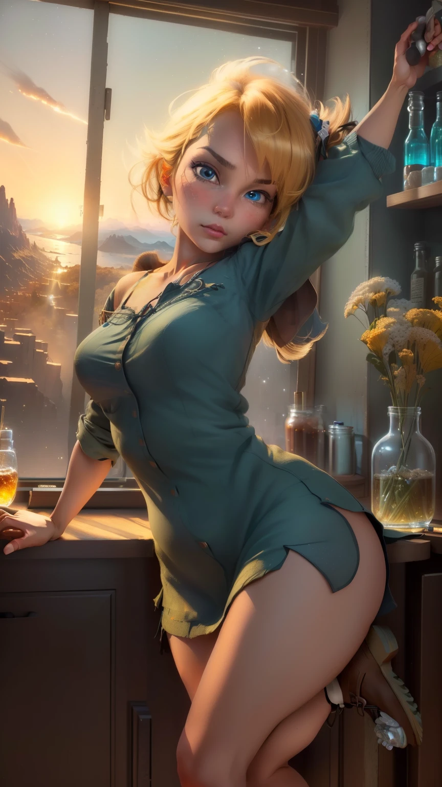 (Tinker's Wife:1), smile, cute, cute pose, Looking at the audience, Thick thighs, Single hair bun, short hair, (strapless green dress:1), (Fairy Wings), Sitting, (Chest Focus:1.2), From above,
(Realistic:1.2), (realism), (masterpiece:1.2), (highest quaLightingy), (Very detailedな), (8k, 4K, Complex),(Full Body Shot:1),(Cowboy Shot:1.2), (85mm),Particles of light, Lighting, (Very detailed:1.2),(Detailed face:1.2), (Gradation), software, colorful,(Beautiful Eyes:1.2),
(Detailed landscape, In a glass bottle:1.2),(Detailed Background),Detailed landscape, (Dynamic Angle:1.2), (Dynamic pose:1.2), (The third law_composition:1.3), (Action Range:1.2), Wide Shot, dawn, alone,