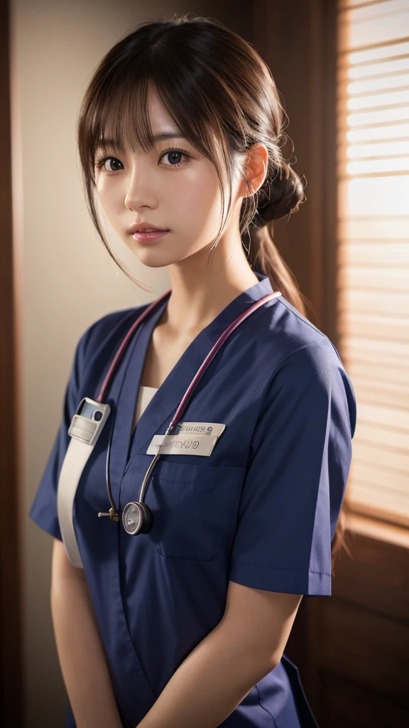 A beautiful young Japanese woman, around 20 years old, wearing a Nurses' Uniforms, ultra-detailed, 8K resolution, highly realistic, cinematic lighting, best quality, masterpiece, photorealistic, physically-based rendering, extremely detailed, vivid colors, professional, sharp focus, studio lighting