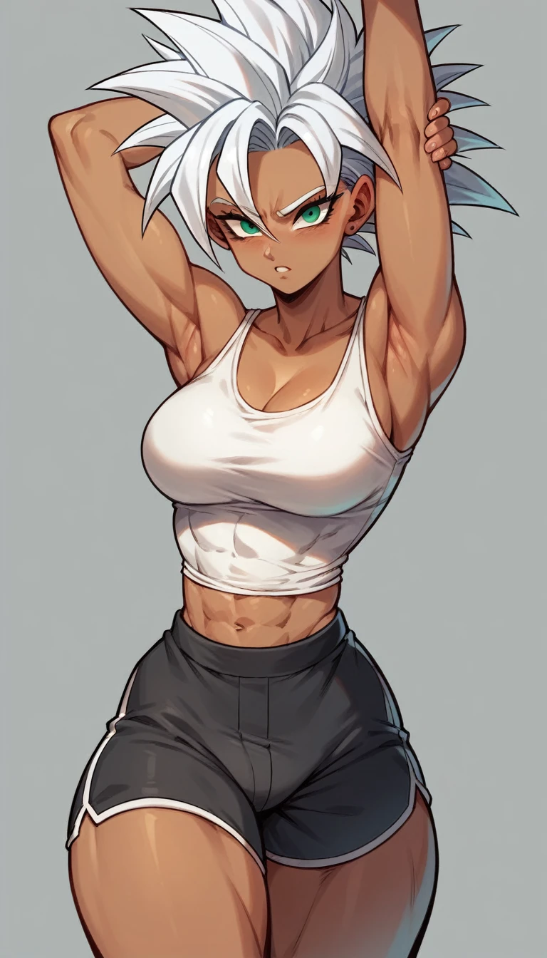 1futa, Saiyan, spiked white hair, green eyes, slim, thin waist, wide hips, dark skin, medium breasts,with black shorts, white tank top,huge dick , your huge dick would be stretching your clothes, huge dick marking your clothes
