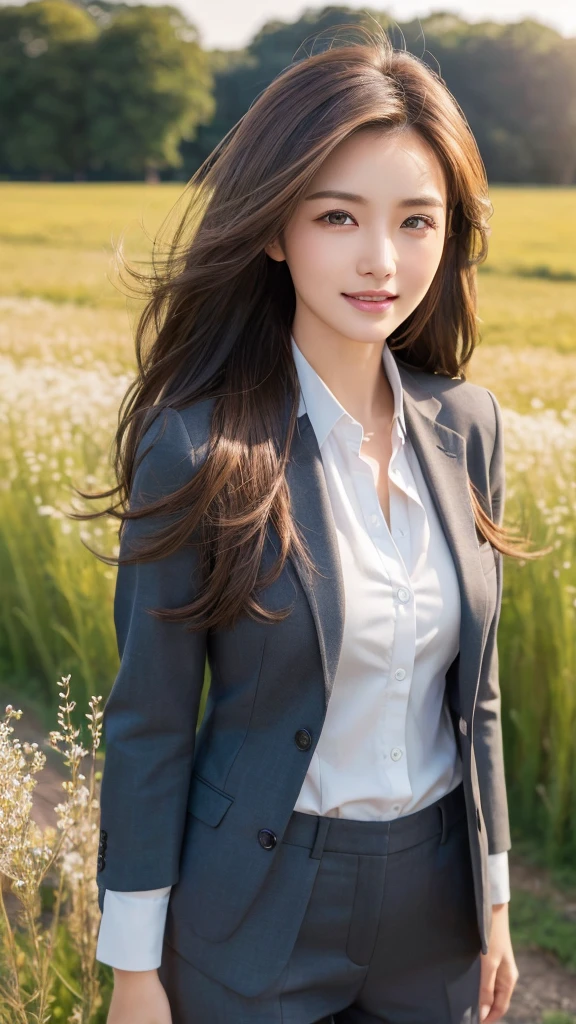 highest quality、genuine、Super detailed、finely、High resolution、8k wallpaper、one beautiful woman、、、light brown disheveled hair、wearing a business suit、sharp focus、perfect dynamic composition、beautiful and detailed eyes、thin hair、Detailed genuine skin texture、smile、model body shape、In a windswept meadow