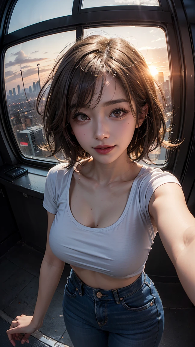 xxmixgirl,One Girl, Fisheye Lens, Selfie, Wind, Messy Hair, sunset, Cityscape, (Aesthetics and atmosphere:1.2), Gray Hair,smile, Film Girl, Short top shirt, Open your chest wide,