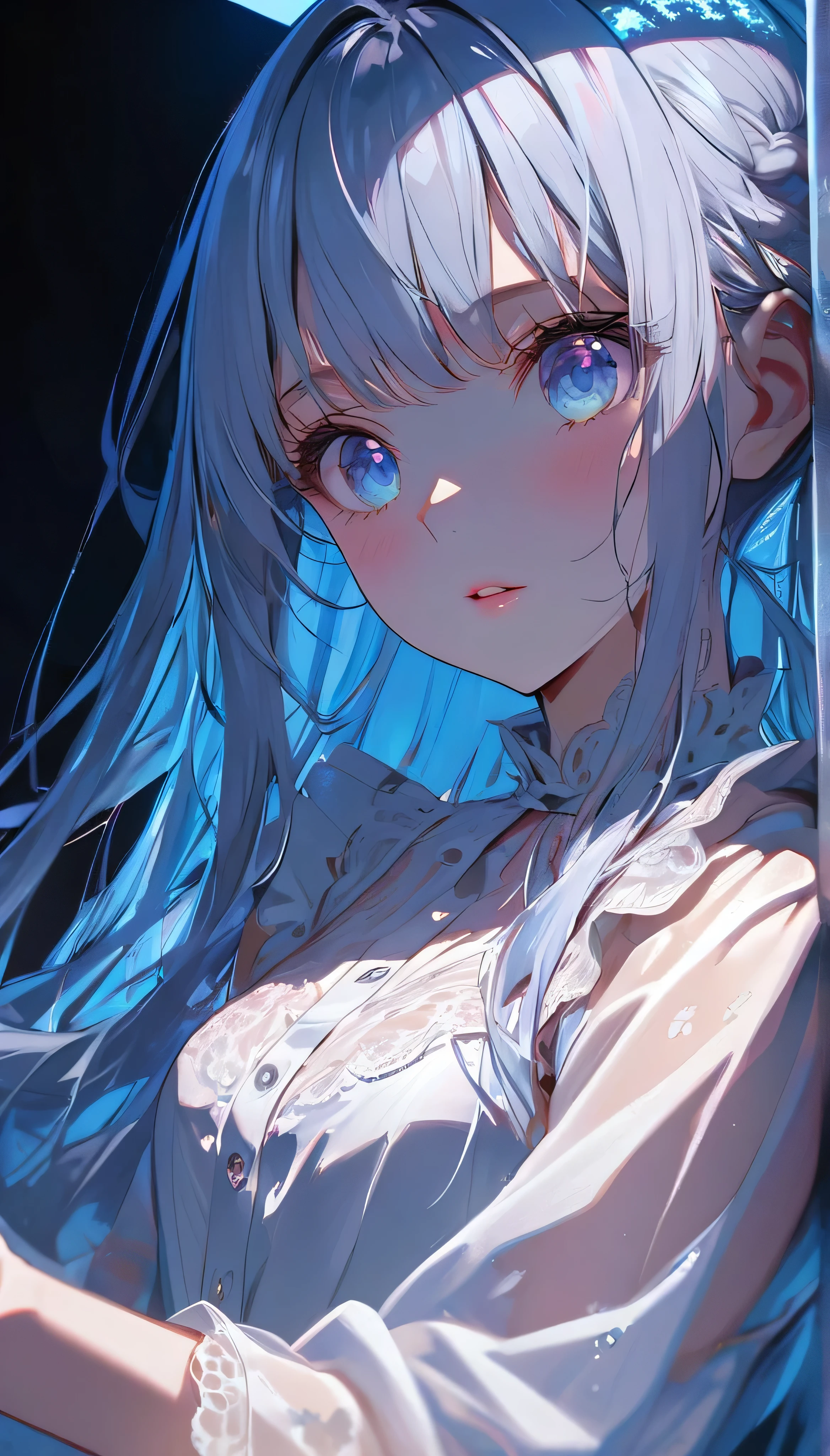 (best quality:1.2),(solo:1.3),(1girl:1.3),(loli:1.2),standing,(silver long hair),(sidelocks:1.0),(eyes blue eyes:1.2),Tucked Flared Lace see-through Blouse, (ASCII stereogram:1.5), upper body, profile
