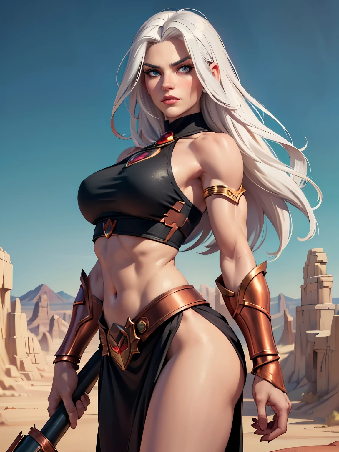 masters of the universe, a female warrior, pale skin, She has (long white hair) and green colored eyes, (athletic muscular body, curvy). She wears (black top with copper trim), (black pelvic curtain), bare arms, (bare hips), midriff, copper shoulder pads, fur trimmed boots, copper bracers, gemstones embedded in her armor. (detailed face, detailed eyes) (best quality,4k,8k,highres,masterpiece, colorful, vibrant colors:1.2). (perfecteyes eyes). Badlands background, broken landscape, dead trees. Dynamic exaggerated pose. looking at the camera
