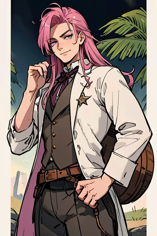 Perfect face. Perfect hands. A handsome pink haired cowboy with violet eyes and long hair in a sheriff's outfit is riding a horse through a wild west town with a big smile