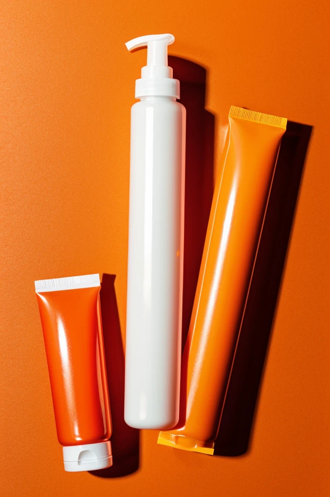 Sunscreen in a squeeze tube Has an orange or red background.