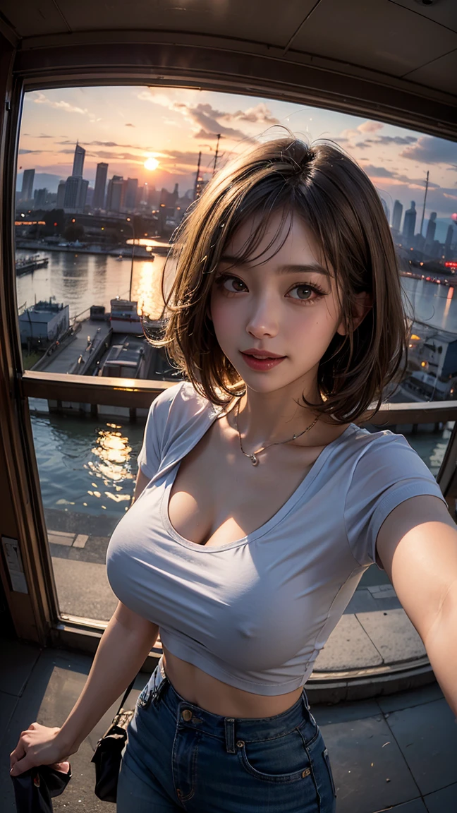 xxmixgirl,One Girl, Fisheye Lens, Selfie, Wind, Messy Hair, sunset, Cityscape, (Aesthetics and atmosphere:1.2), Gray Hair,smile, Film Girl, Short top shirt, Open your chest wide,