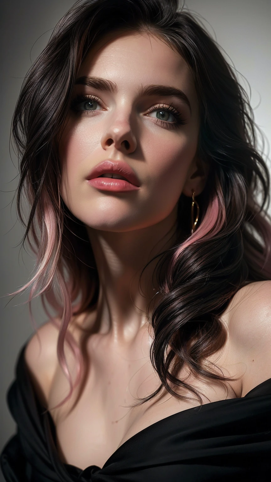 (((ultra realistic))) Photo, masterpiece, top quality, (pale skin), (Ultra detailed face and eyes:1.1), 1 girl, Adult, deep neckline, (Eye makeup, mascara) , ((large detailed lips)), ((pink wavy hair)), ((Chyolka)) , ((Natural breasts)). ((Posing)), photoshoot, studio ((contour light)), (The play of light and shadows), depth of field, bokeh, (special attention to skin detail: 1.2), (Light atmosphere of the frame, Pastel colors, Colours black), ((portrait, close to the camera)) , ultra detialed,